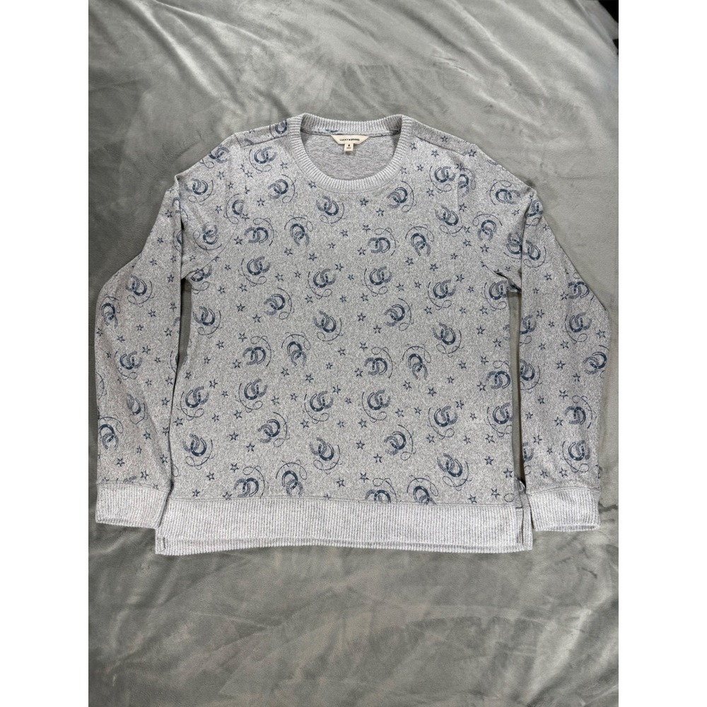 Lucky Brand Cloud Soft Med Horseshoes Stars Western Cowboy Rodeo Grey Blue Top